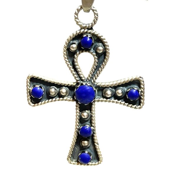 Taxco MX Silver Ankh Necklace Lapis Lazuli Cross Pendant Collar Egyptian 925 - Picture 9 of 16